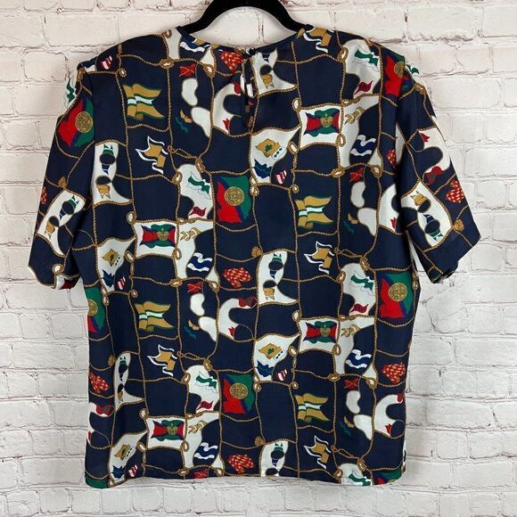 JUDY BOND vintage blue multicolor flags short sleeve top blouse size 18 - Picture 5 of 6